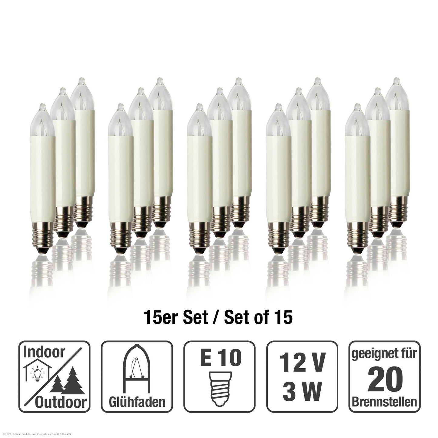 Ersatzkerzen Lichterkette 12V 3W für Lichterketten & Schwibbogen, 15 Stk Kleinschaftkerzen E10 für 20 Brennstellen innen & außen 151381