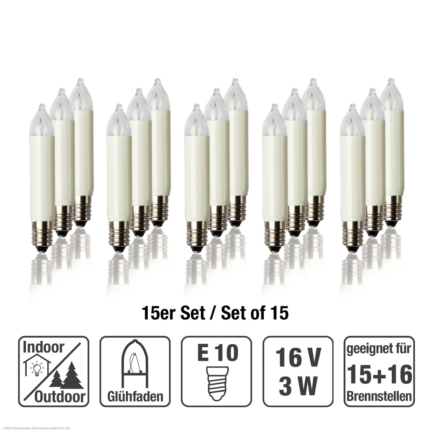 Ersatzkerzen Lichterkette 16V 3W für Lichterketten & Schwibbogen, 15 Stk Kleinschaftkerzen E10 für 15/16 Brennstellen innen & außen 151398