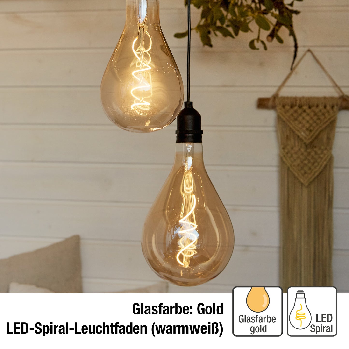 2er Set LED Vintage-Hängelampe, goldfarbene Lampe mit LED-Spiral-Strang, A130, 13x23 cm, batteriebetrieben, für außen_2er Set aus 524383
