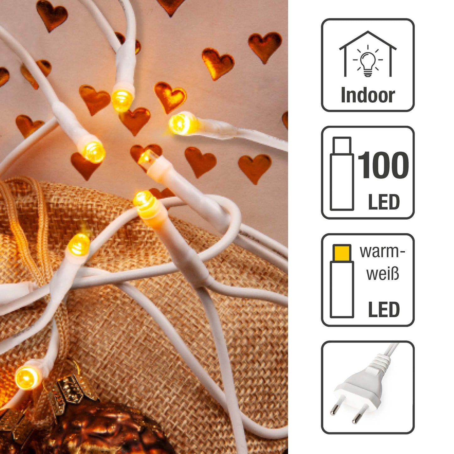 100-tlg. LED-Lichterkette für innen, klassisch warm-weiß, weißes-Kabel, Euro-Stecker