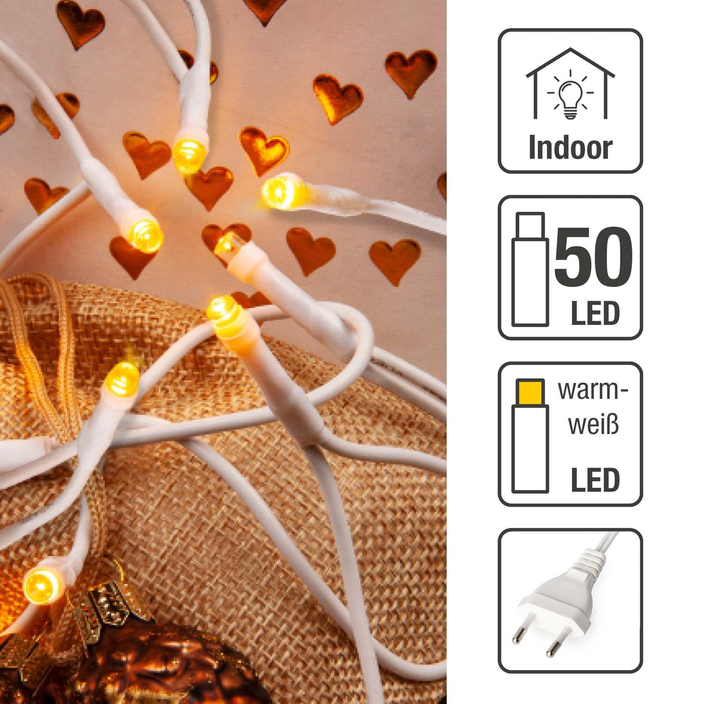 50-tlg. LED-Lichterkette für innen, warm-weiß, weißes Kabel, Euro-Stecker