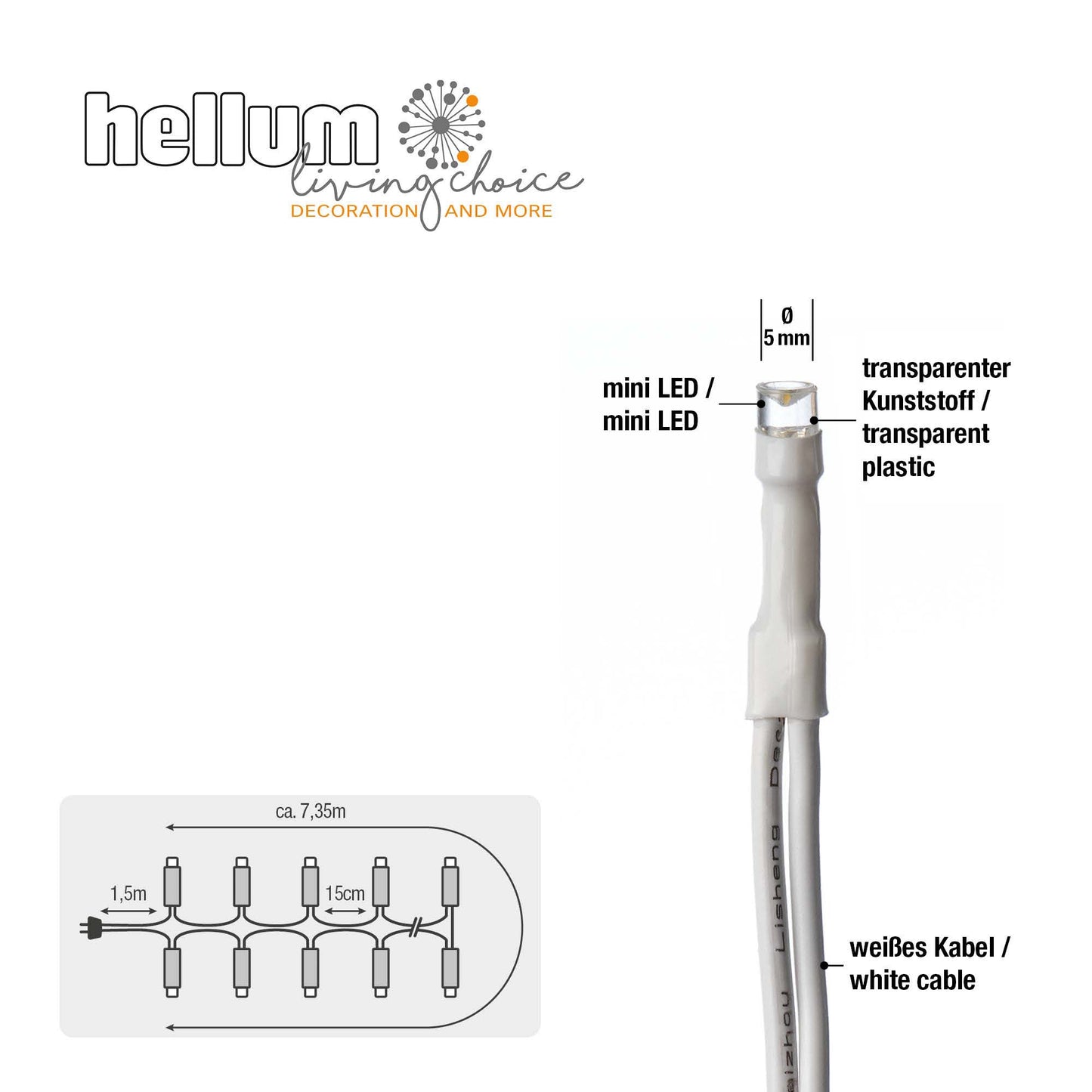 50-tlg. LED-Lichterkette für innen, warm-weiß, weißes Kabel, Euro-Stecker