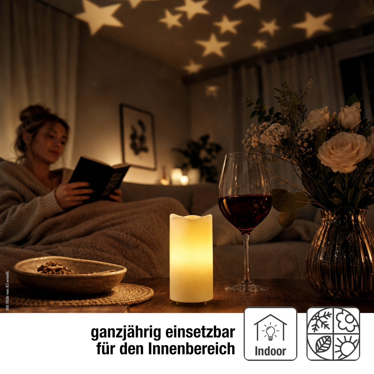 LED Kerze mit Timer & Sternenprojektor, Batterie & USB, Echtwachs