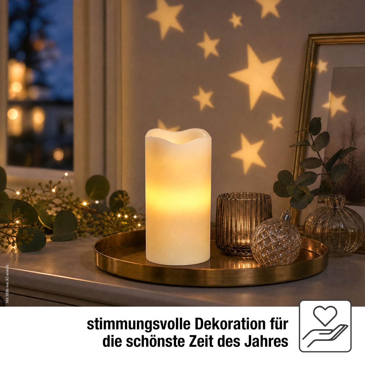 LED Kerze mit Timer & Sternenprojektor, Batterie & USB, Echtwachs