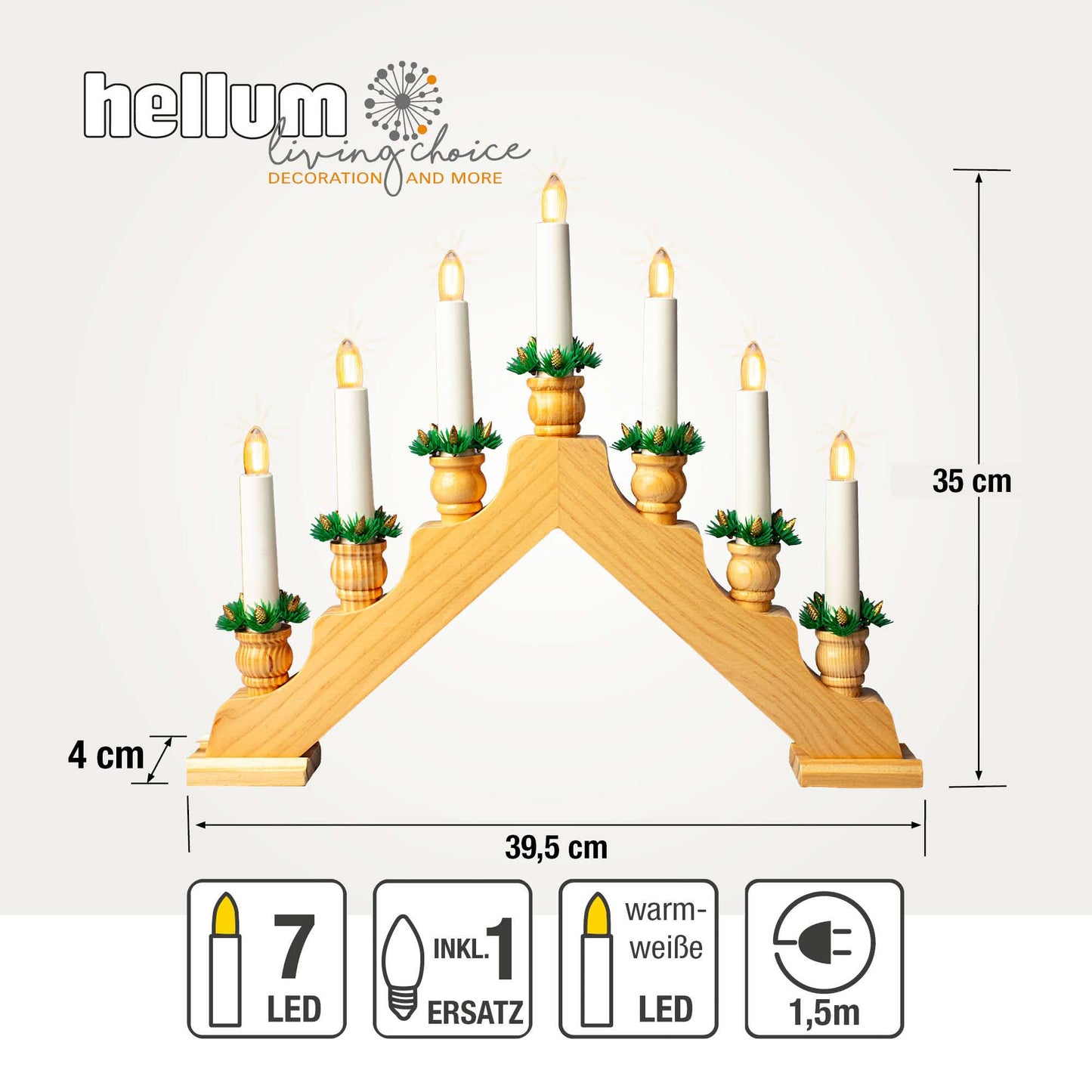 7-tlg. Holzleuchter "Pyramide", natur, mit Dekokränzchen,  LED Filament Steckerzuleitung 1,5 m