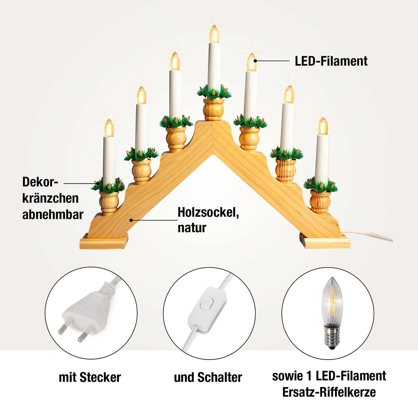 7-tlg. Holzleuchter "Pyramide", natur, mit Dekokränzchen,  LED Filament Steckerzuleitung 1,5 m