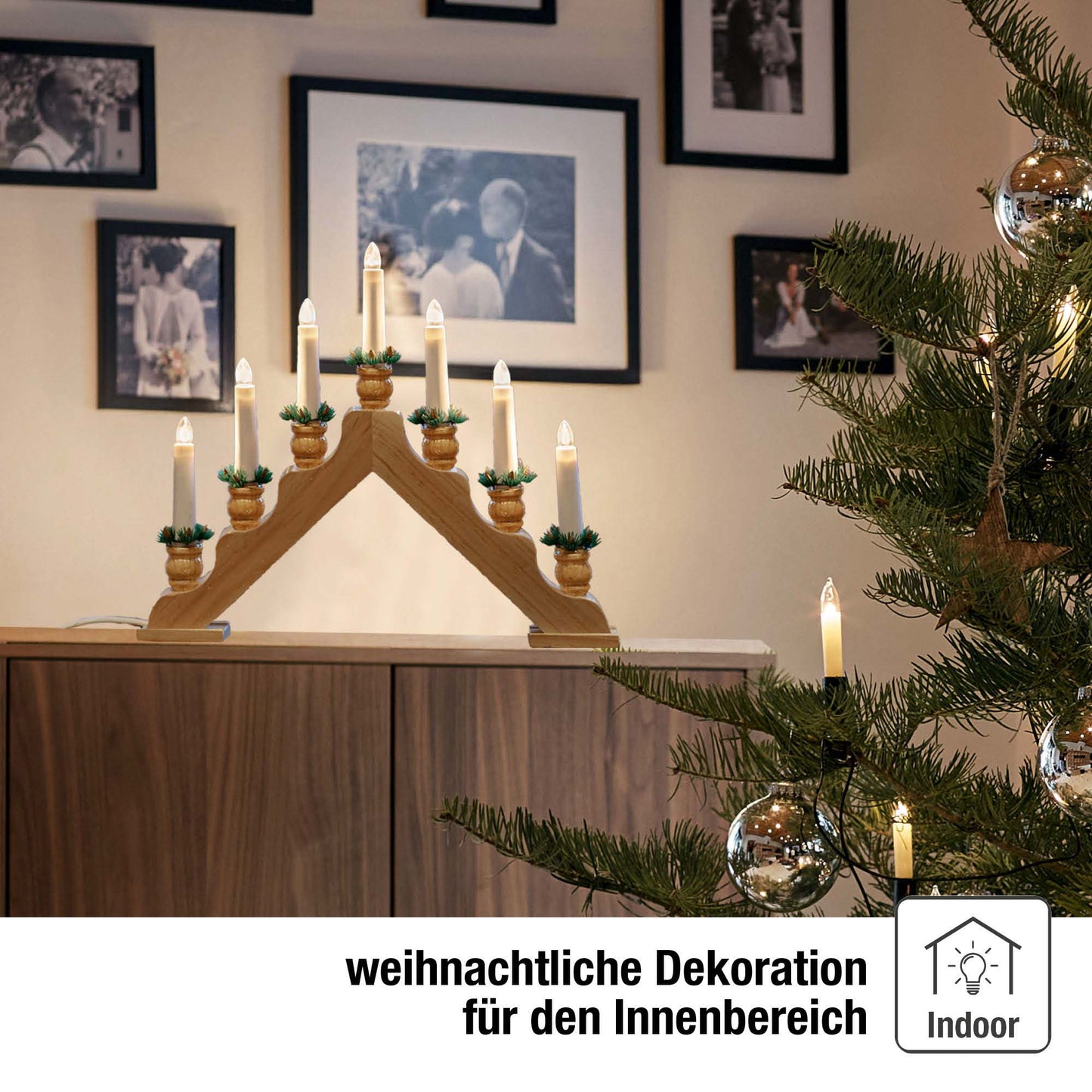 7-tlg. Holzleuchter "Pyramide", natur, mit Dekokränzchen,  LED Filament Steckerzuleitung 1,5 m