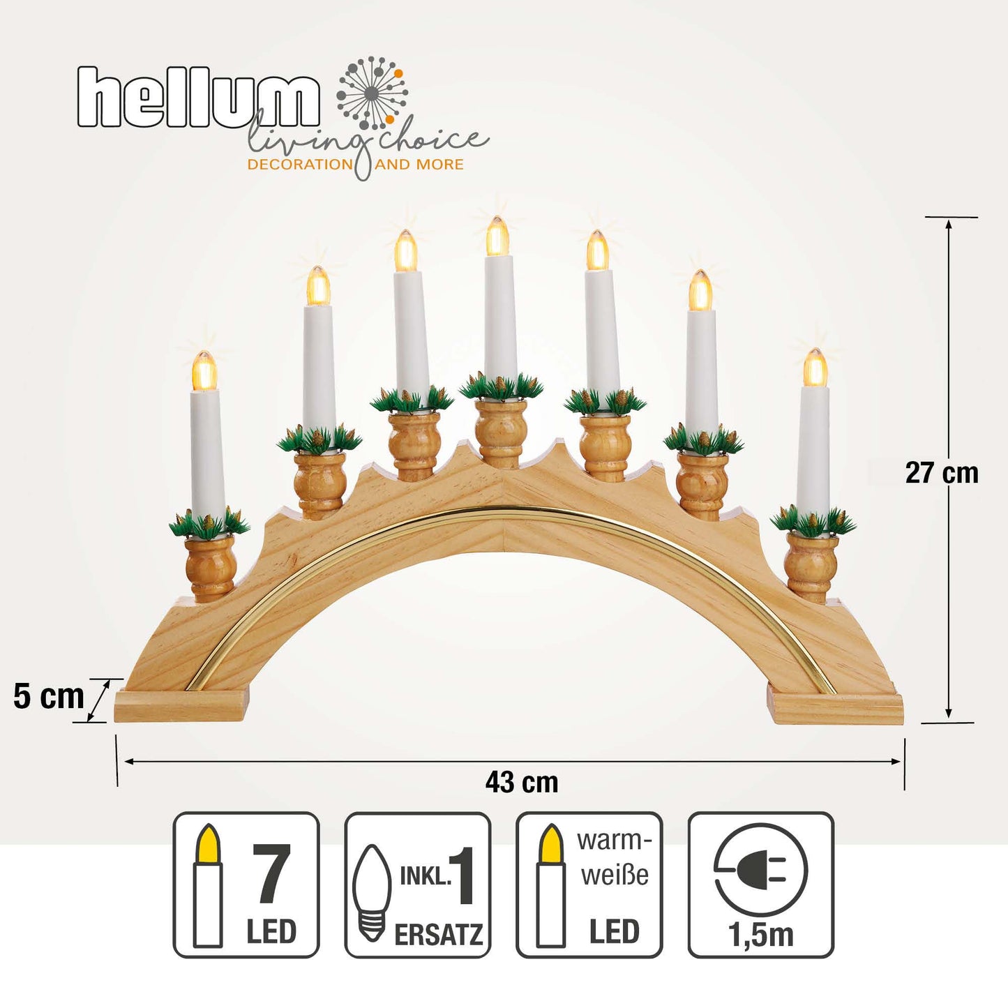 7-tlg. Holzleuchter "Goldleiste", natur, Dekorkränzen, Steckerzuleitung  LED Filament 1,5 m