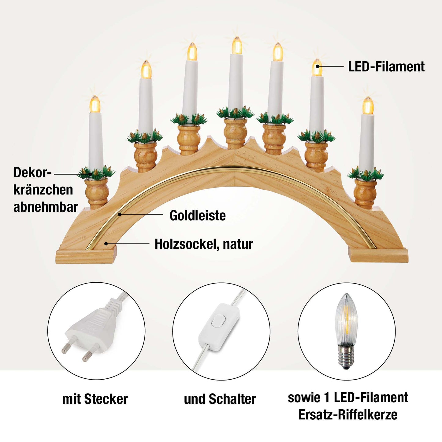 7-tlg. Holzleuchter "Goldleiste", natur, Dekorkränzen, Steckerzuleitung  LED Filament 1,5 m