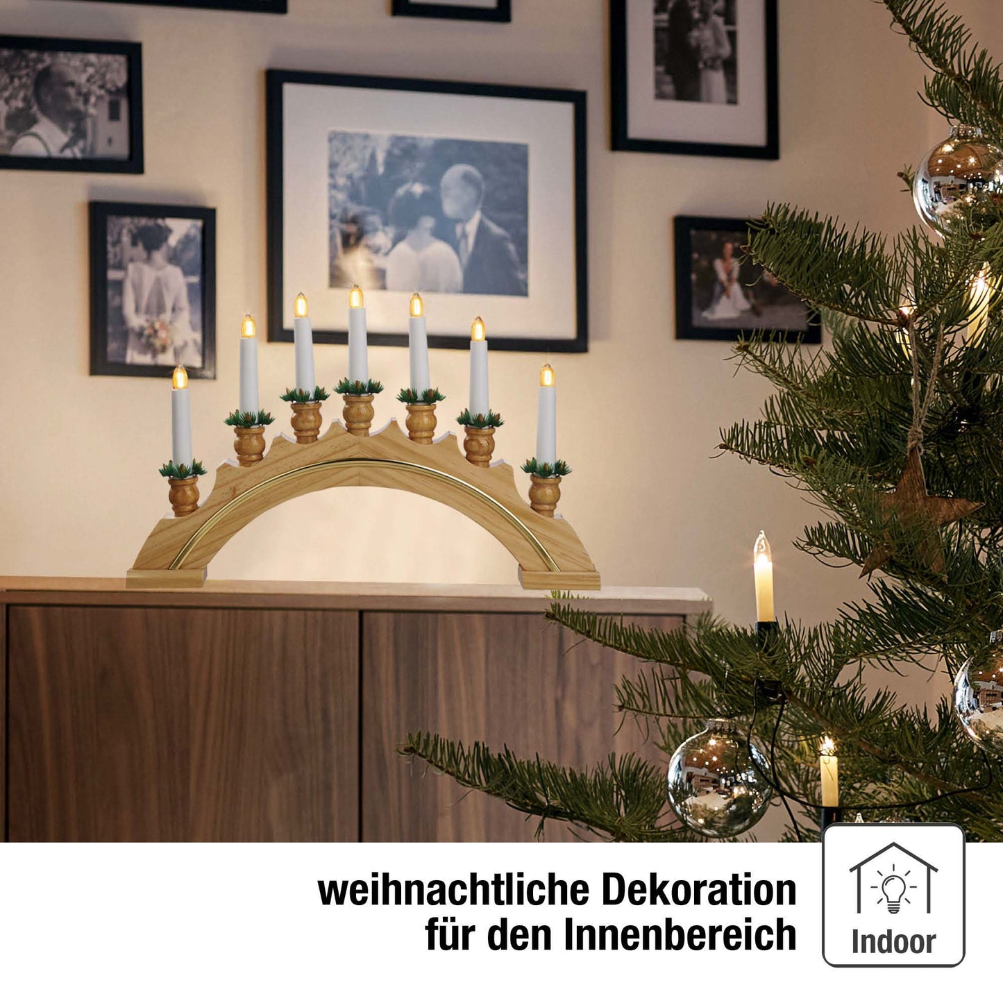 7-tlg. Holzleuchter "Goldleiste", natur, Dekorkränzen, Steckerzuleitung  LED Filament 1,5 m