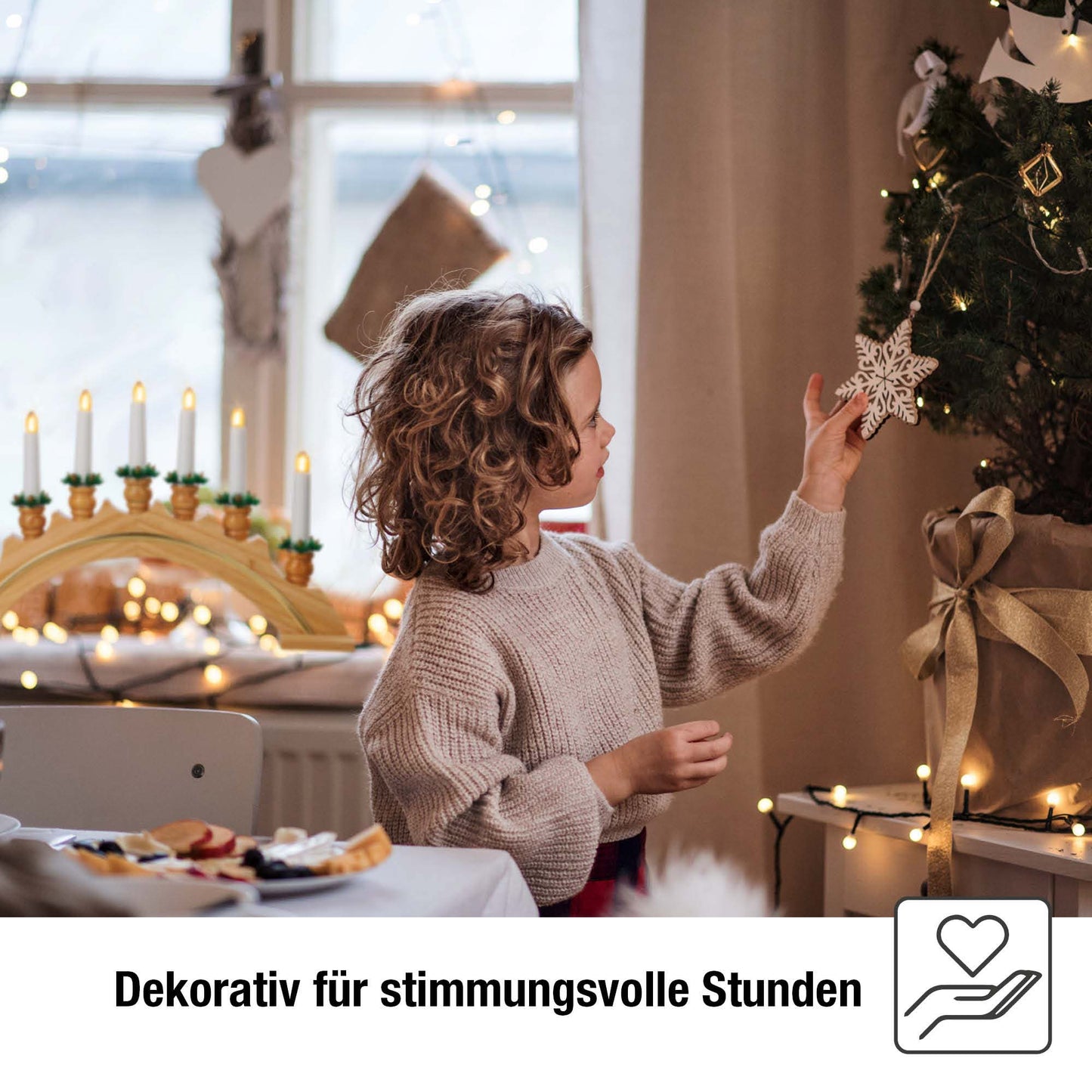 7-tlg. Holzleuchter "Goldleiste", natur, Dekorkränzen, Steckerzuleitung  LED Filament 1,5 m