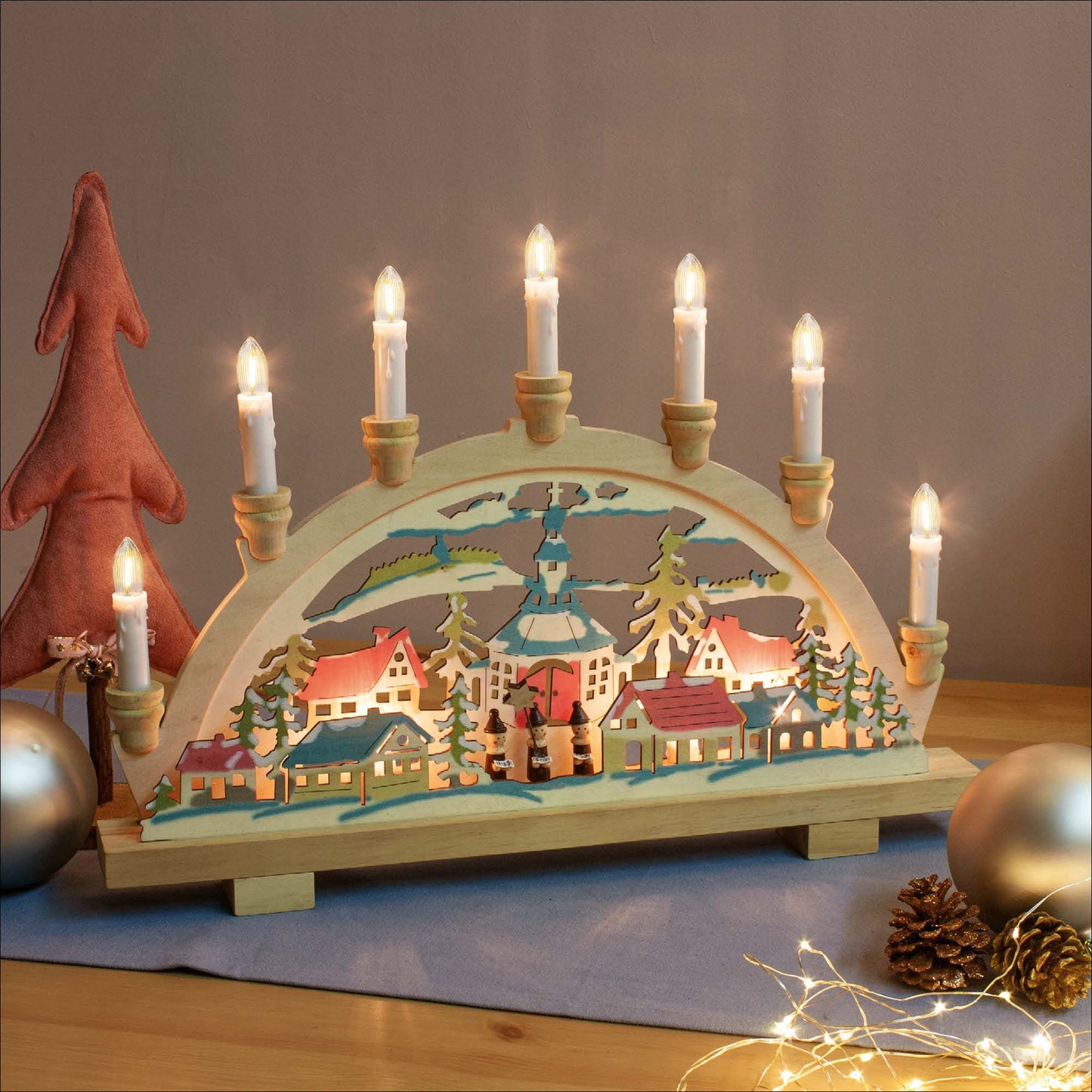 10-tlg. Holzleuchter "Seiffen", natur/bunt, LED Filament Steckerzuleitung 1,5 m