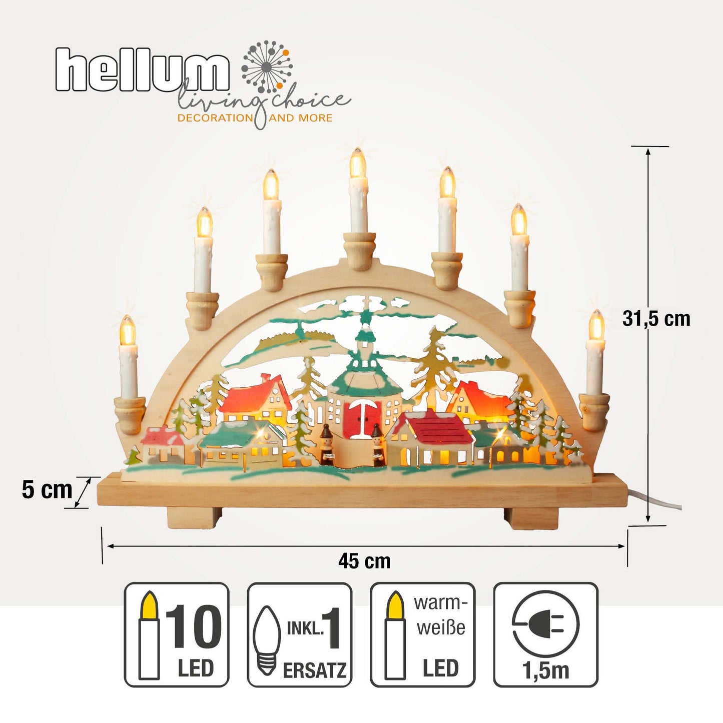 10-tlg. Holzleuchter "Seiffen", natur/bunt, LED Filament Steckerzuleitung 1,5 m