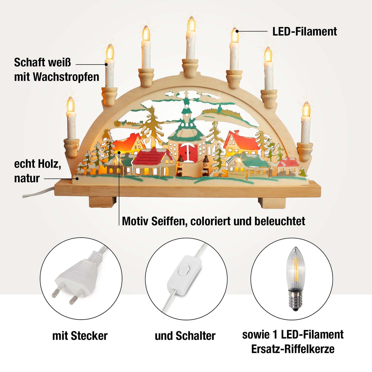 10-tlg. Holzleuchter "Seiffen", natur/bunt, LED Filament Steckerzuleitung 1,5 m