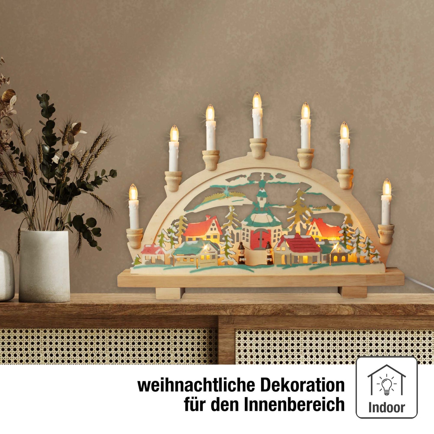 10-tlg. Holzleuchter "Seiffen", natur/bunt, LED Filament Steckerzuleitung 1,5 m