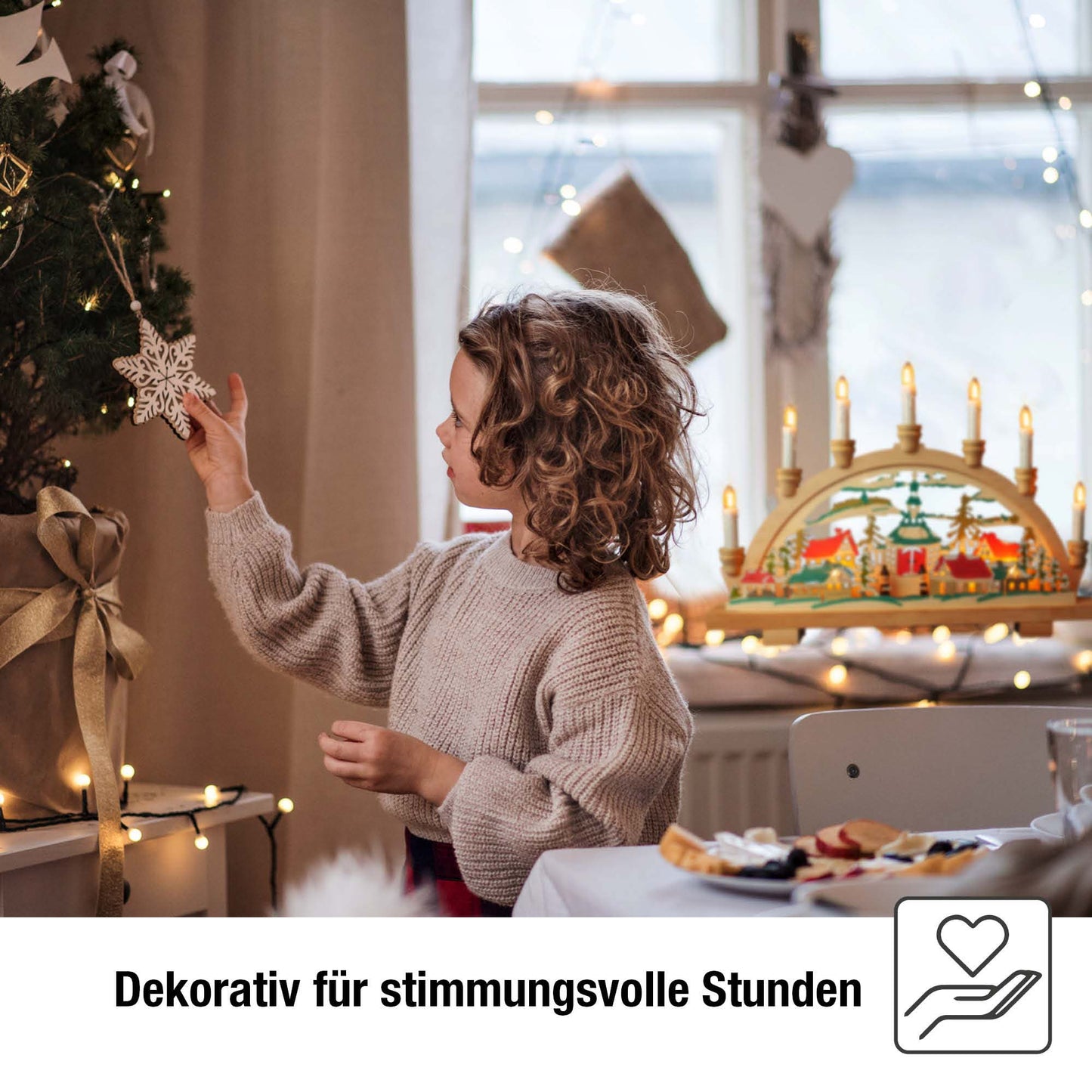 10-tlg. Holzleuchter "Seiffen", natur/bunt, LED Filament Steckerzuleitung 1,5 m