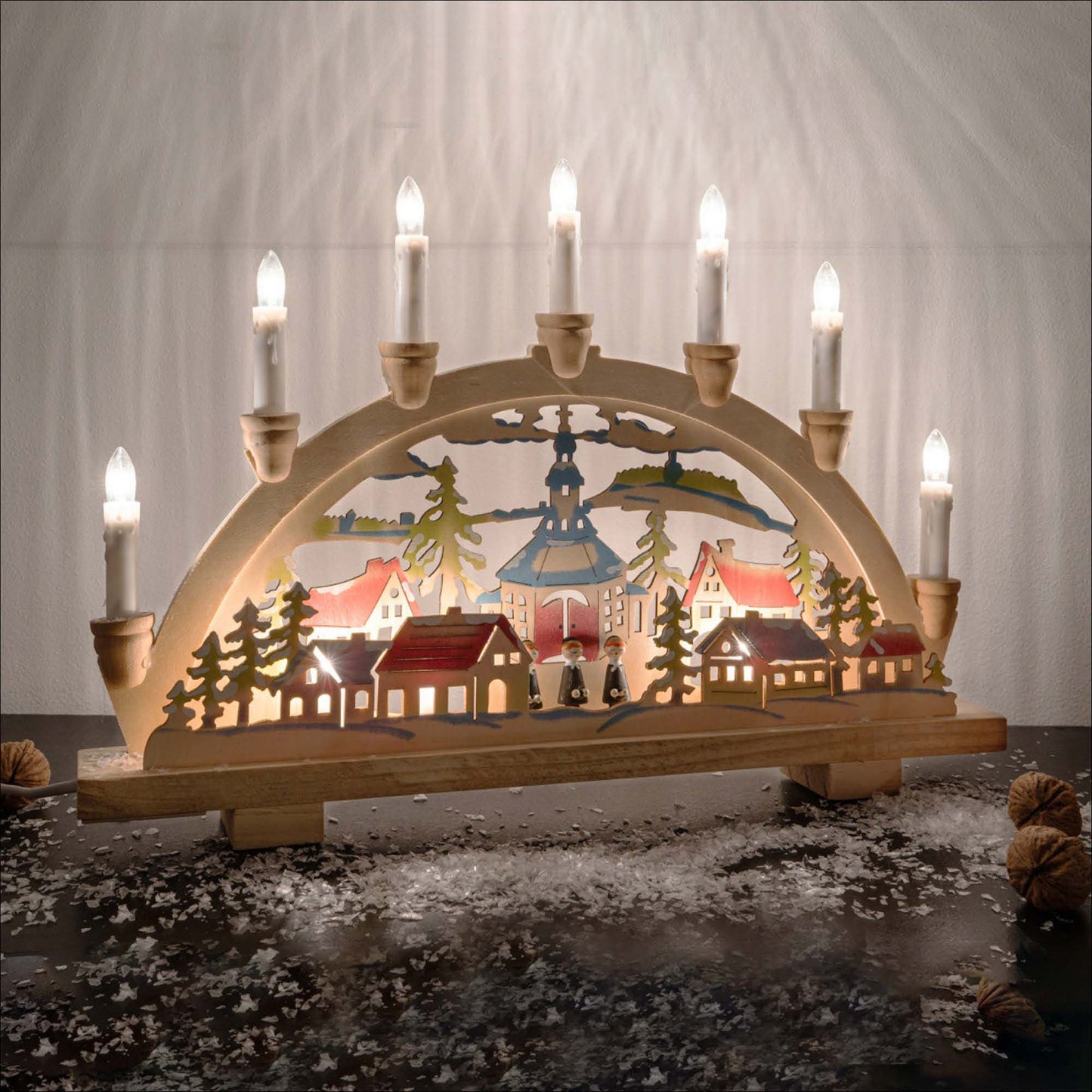 10-tlg. Holzleuchter "Seiffen", natur/bunt, LED Filament Steckerzuleitung 1,5 m