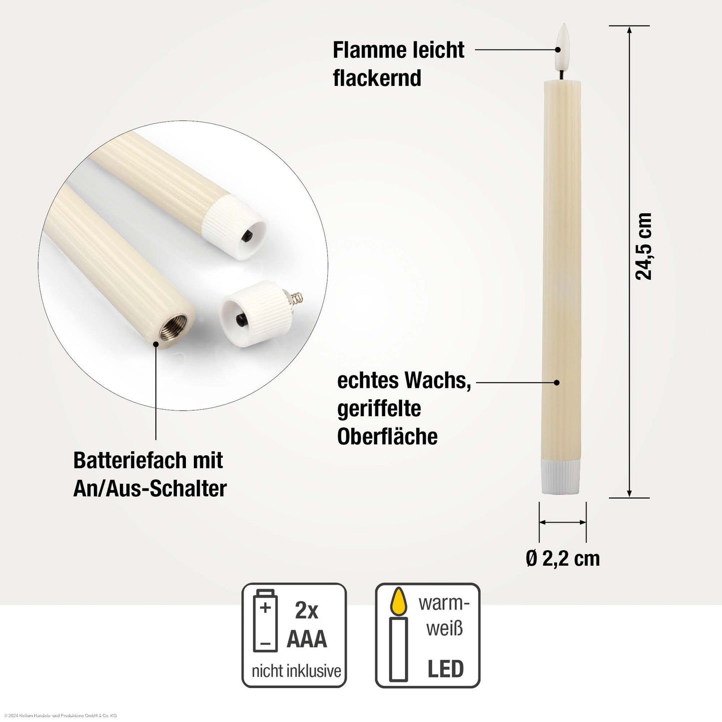 2er-Set LED-Tafelkerzen Echtwachs crèmefarben mit Flammenoptik 2AAA batteriebetrieben mit Fernbedienung, 525182