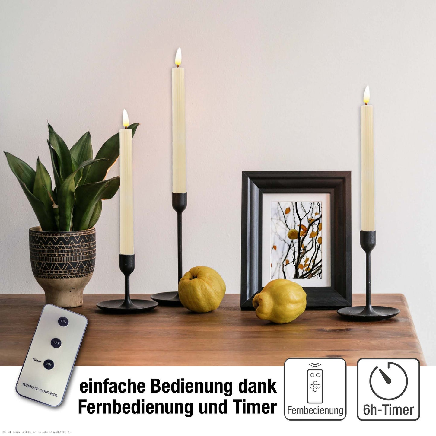 2er-Set LED-Tafelkerzen Echtwachs crèmefarben mit Flammenoptik 2AAA batteriebetrieben mit Fernbedienung, 525182