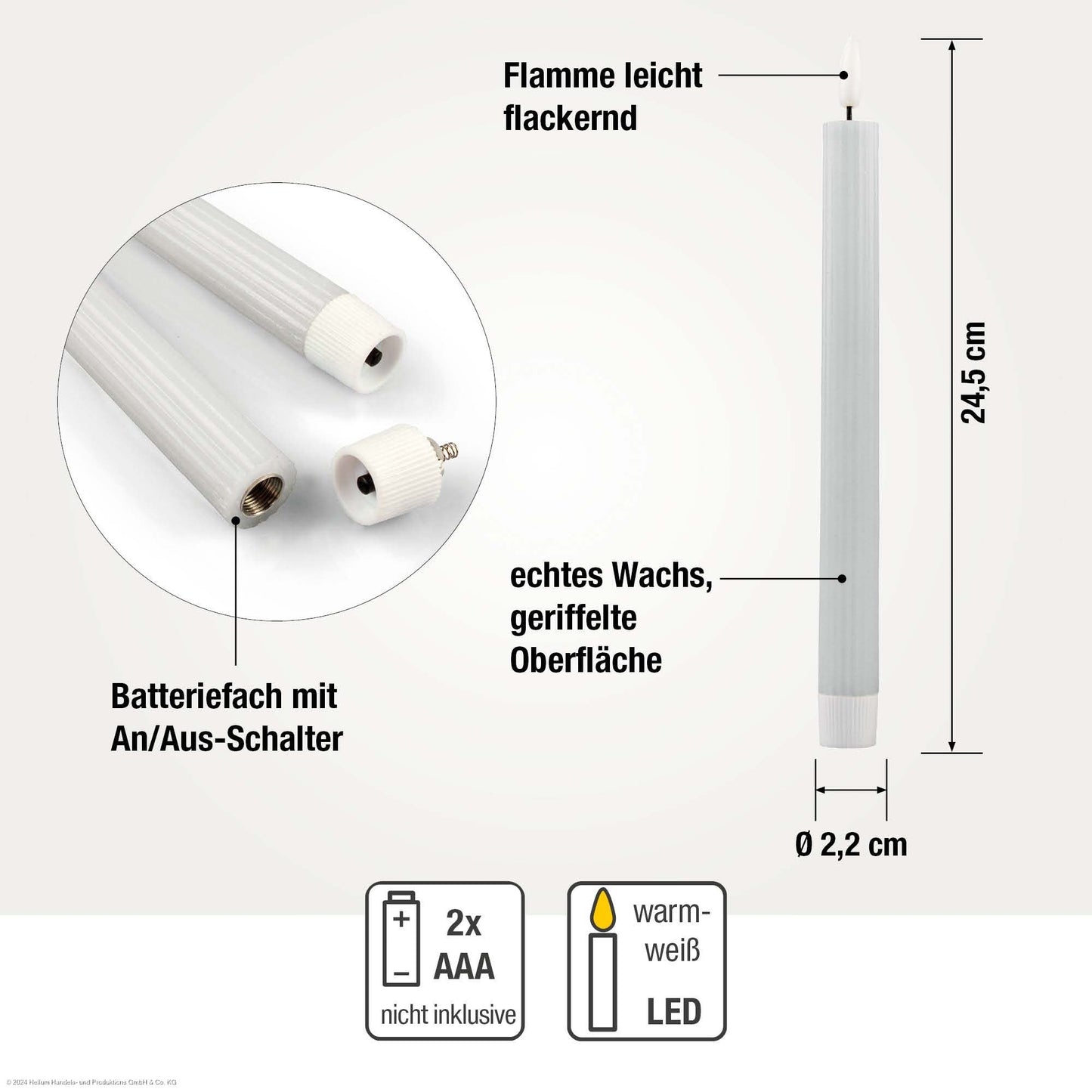 2er-Set LED-Tafelkerzen Echtwachs grau mit Flammenoptik 2AAA batteriebetrieben mit Fernbedienung, 525199