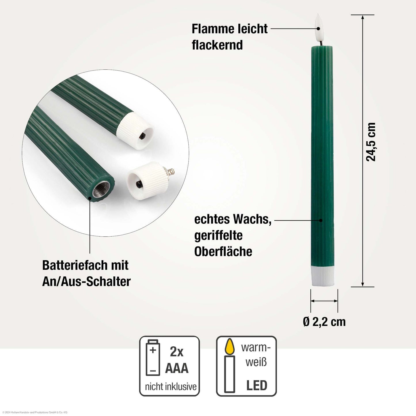 2er-Set LED-Tafelkerzen Echtwachs grün mit Flammenoptik 2AAA batteriebetrieben mit Fernbedienung 525205