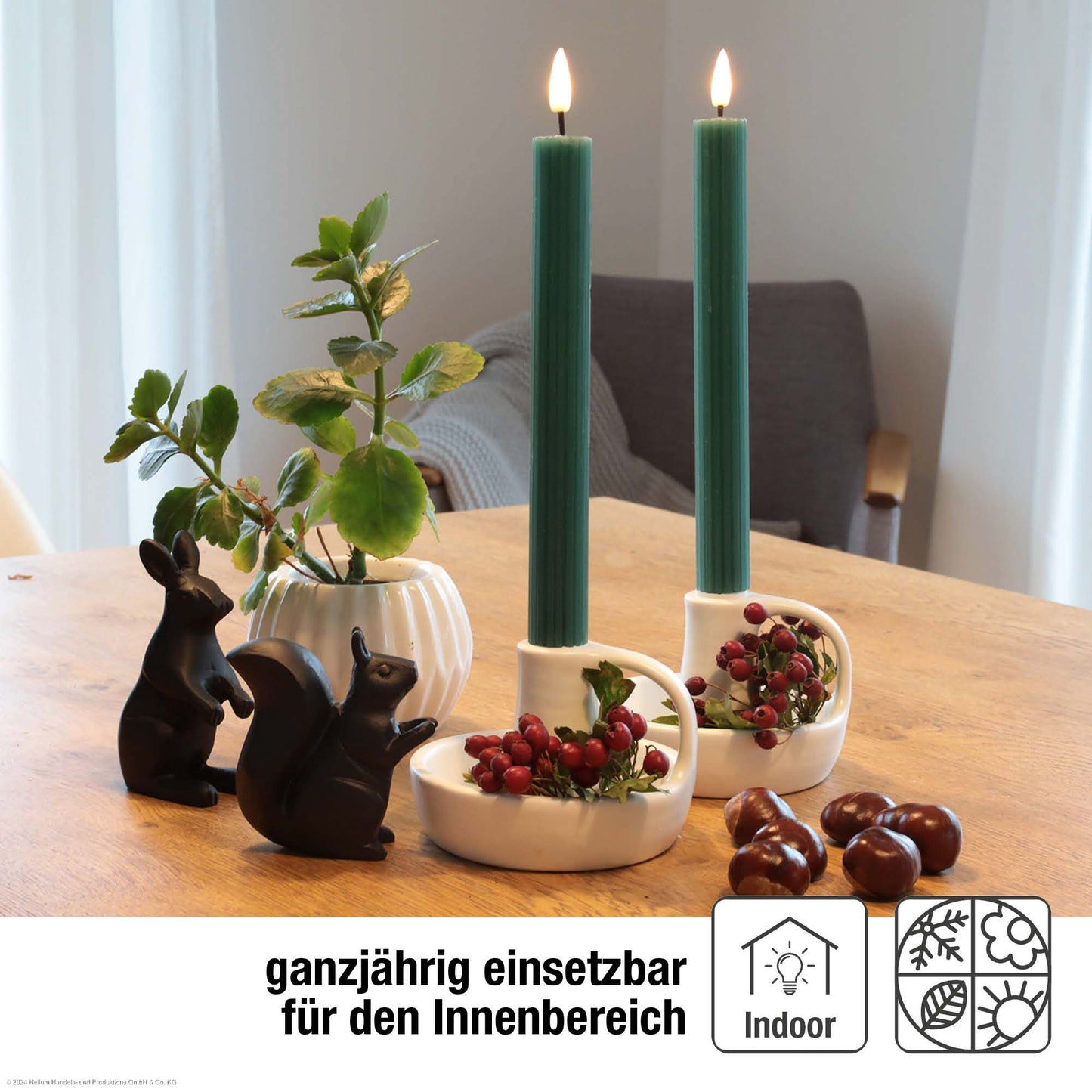 2er-Set LED-Tafelkerzen Echtwachs grün mit Flammenoptik 2AAA batteriebetrieben mit Fernbedienung 525205