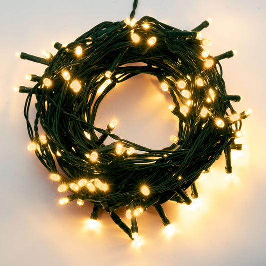 LED Lichterkette außen, 200 LED bernstein, 19,9 m beleuchtet, grünes Kabel, mit Timer, Trafo