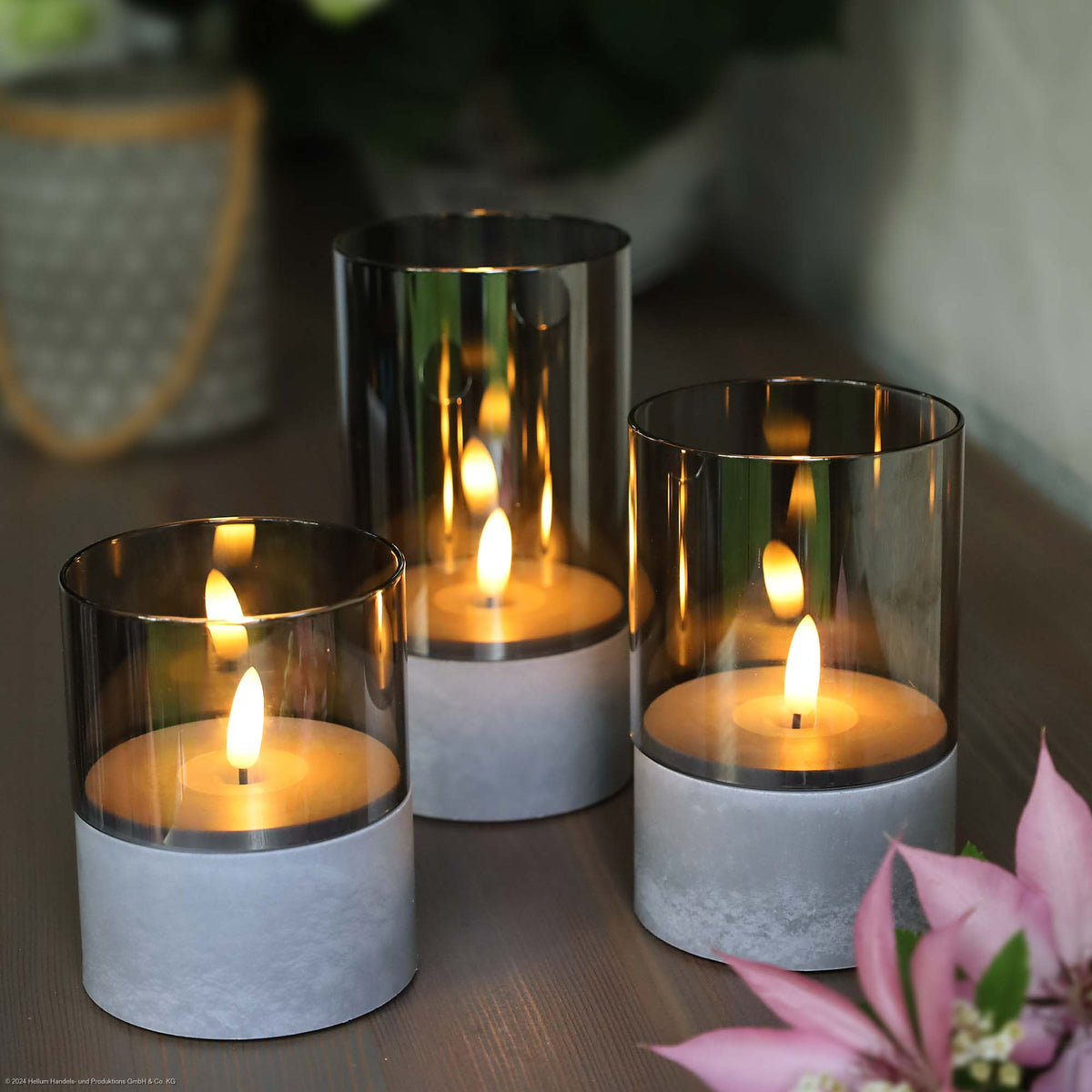 LED Kerzen Betonoptik 3er Set außen, LED warmweiß, Ø8 cm x 10+12,5+15 – Hellum Direkt