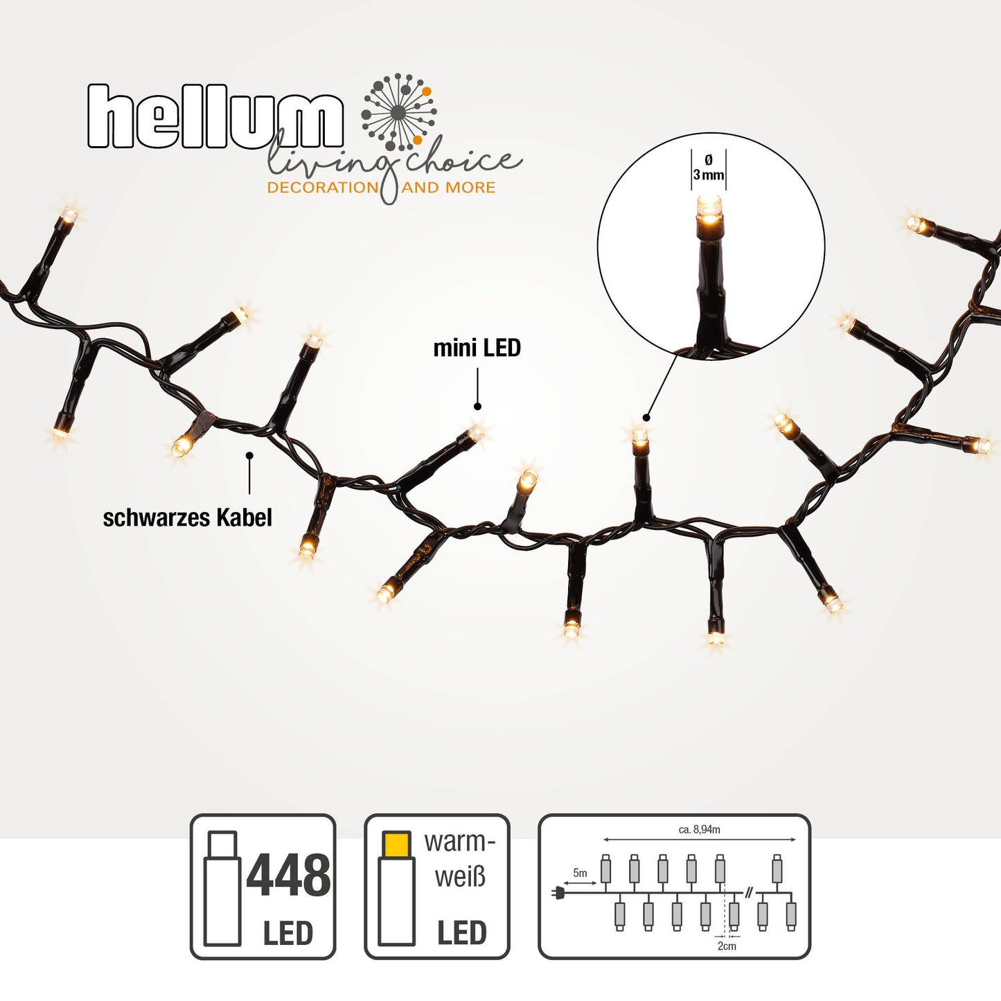 Hellum LED Lichterkette, 448 LEDs, warmweiß, beleuchtet 8,94 m, für außen 152401