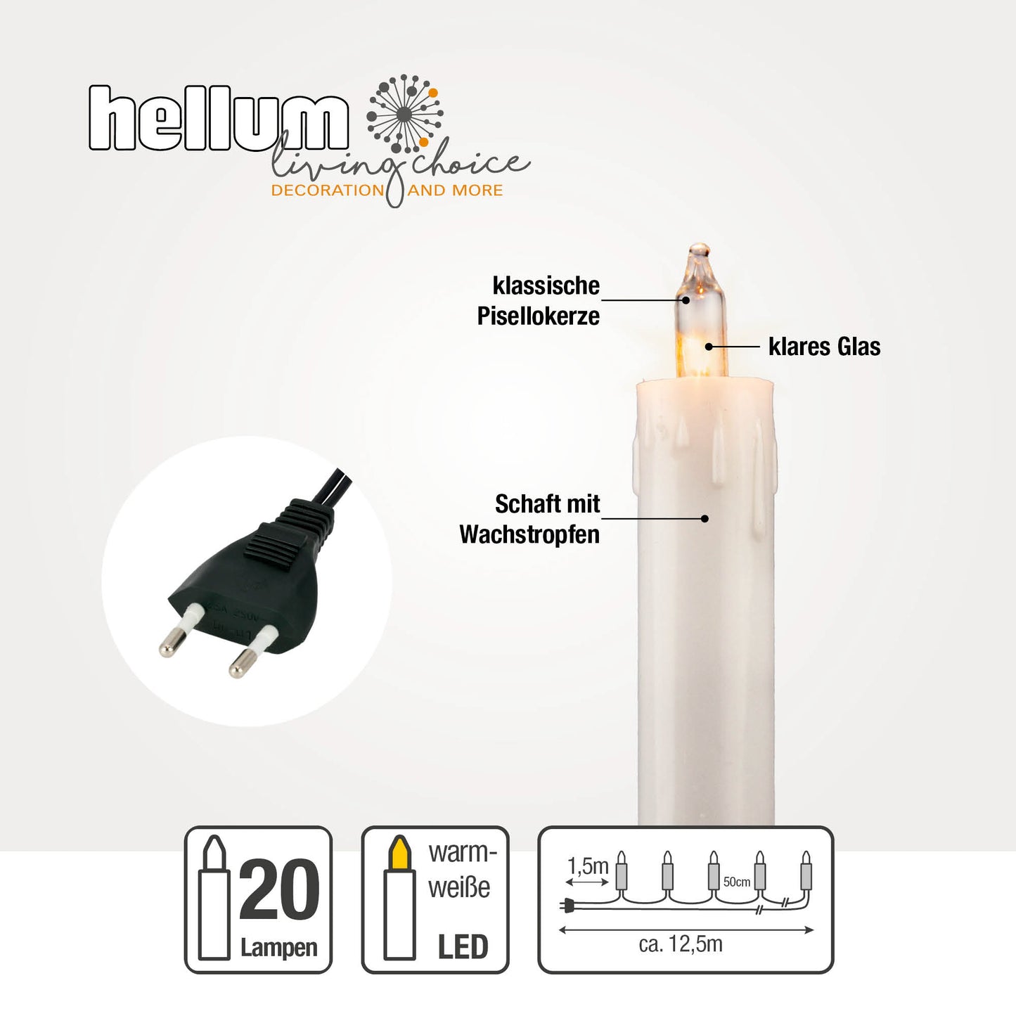 Lichterkette Mini mit 20 Schaftkerzen für innen 12,5m weiß 622010