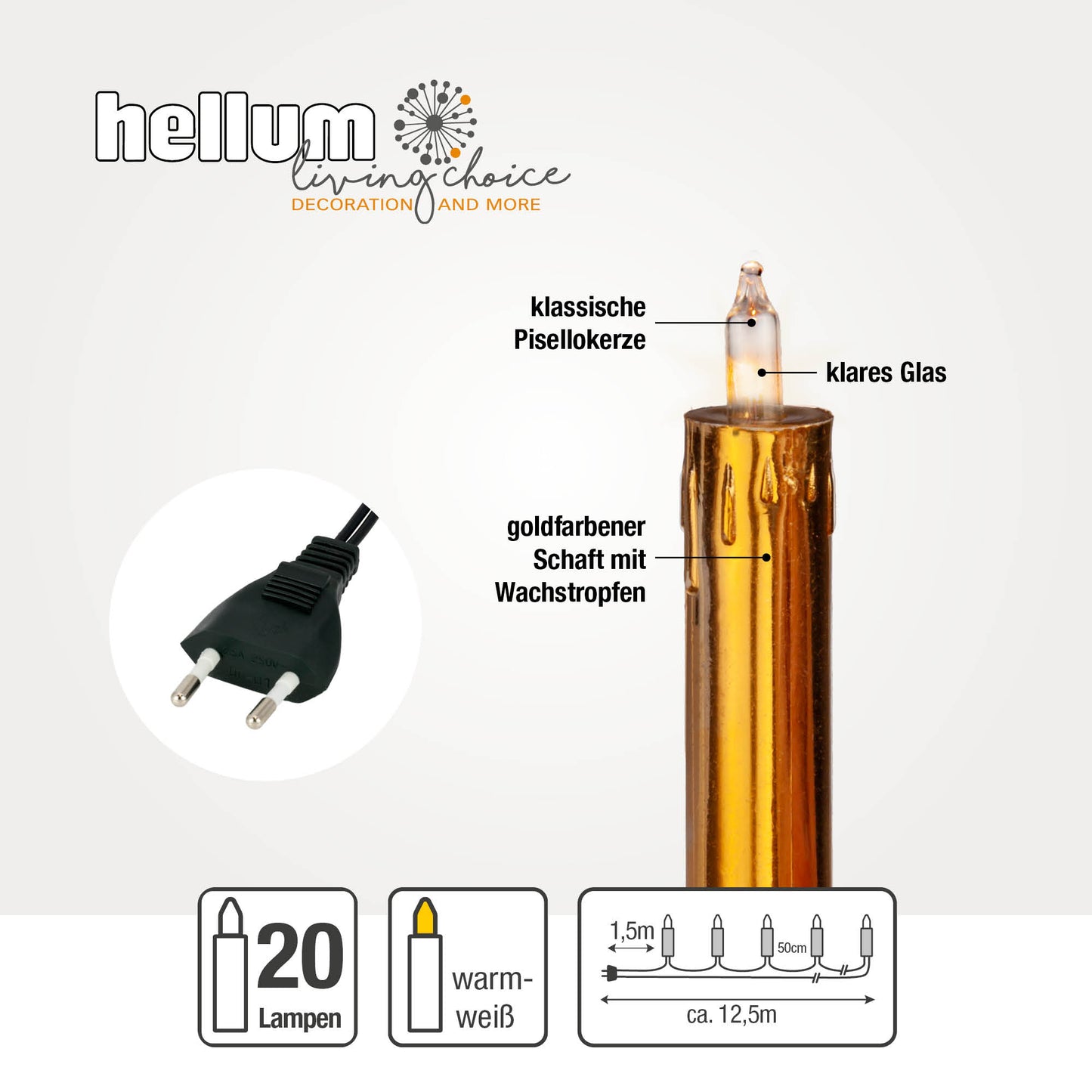 20-tlg. Minischaftkerzenkette,  innen 12,5m gold (Cha) 622034