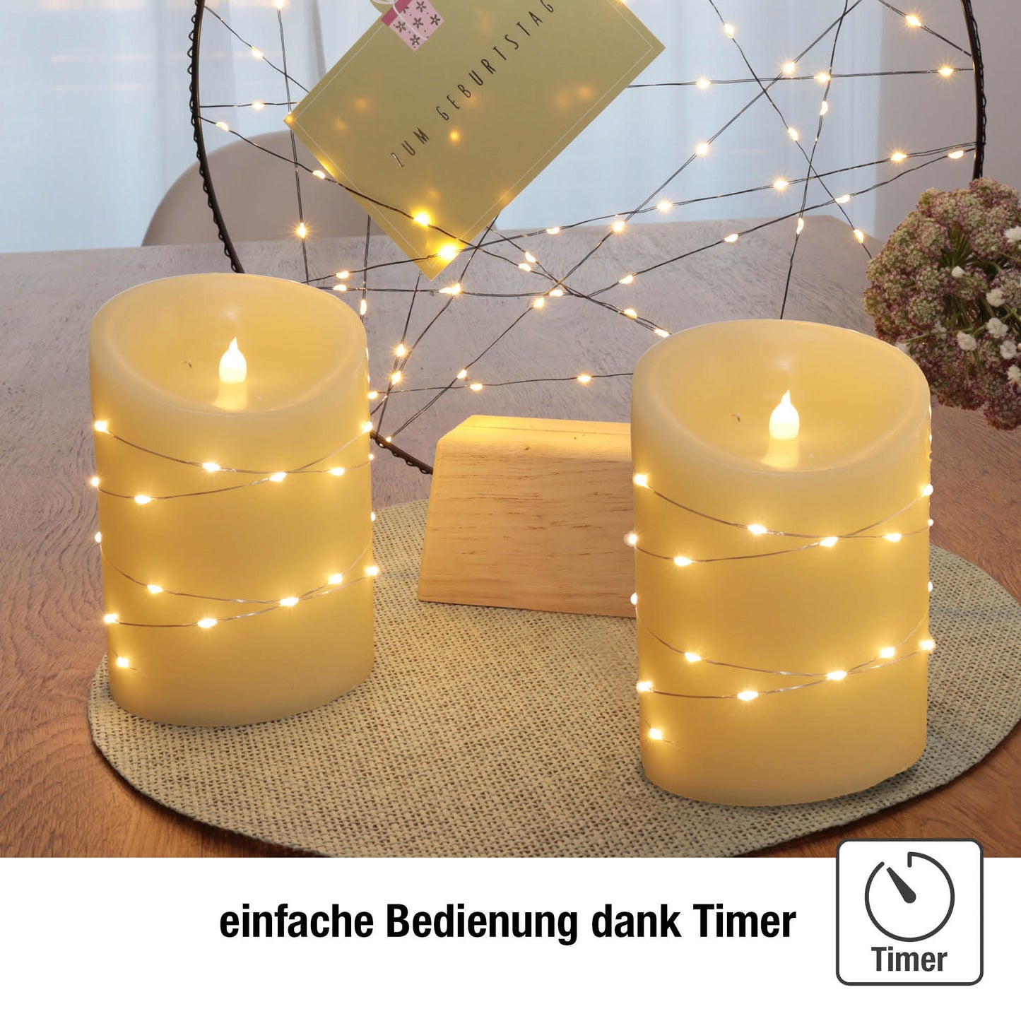Hellum LED Kerzen flackernde Flamme mit Lichterkette 2er Set 10x15cm, batteriebetrieben mit Timer 152852
