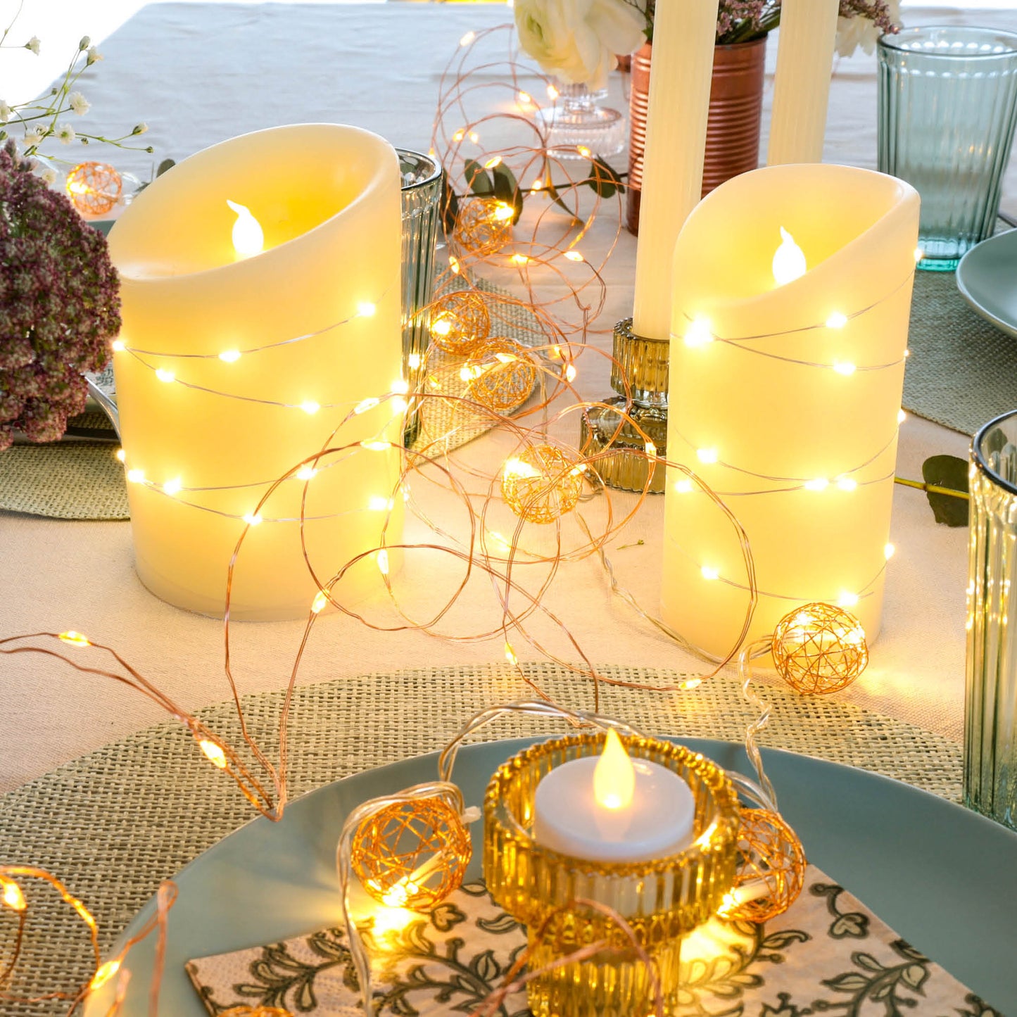 Hellum LED Kerzen flackernde Flamme mit Lichterkette 2er Set 10x15cm, batteriebetrieben mit Timer 152852