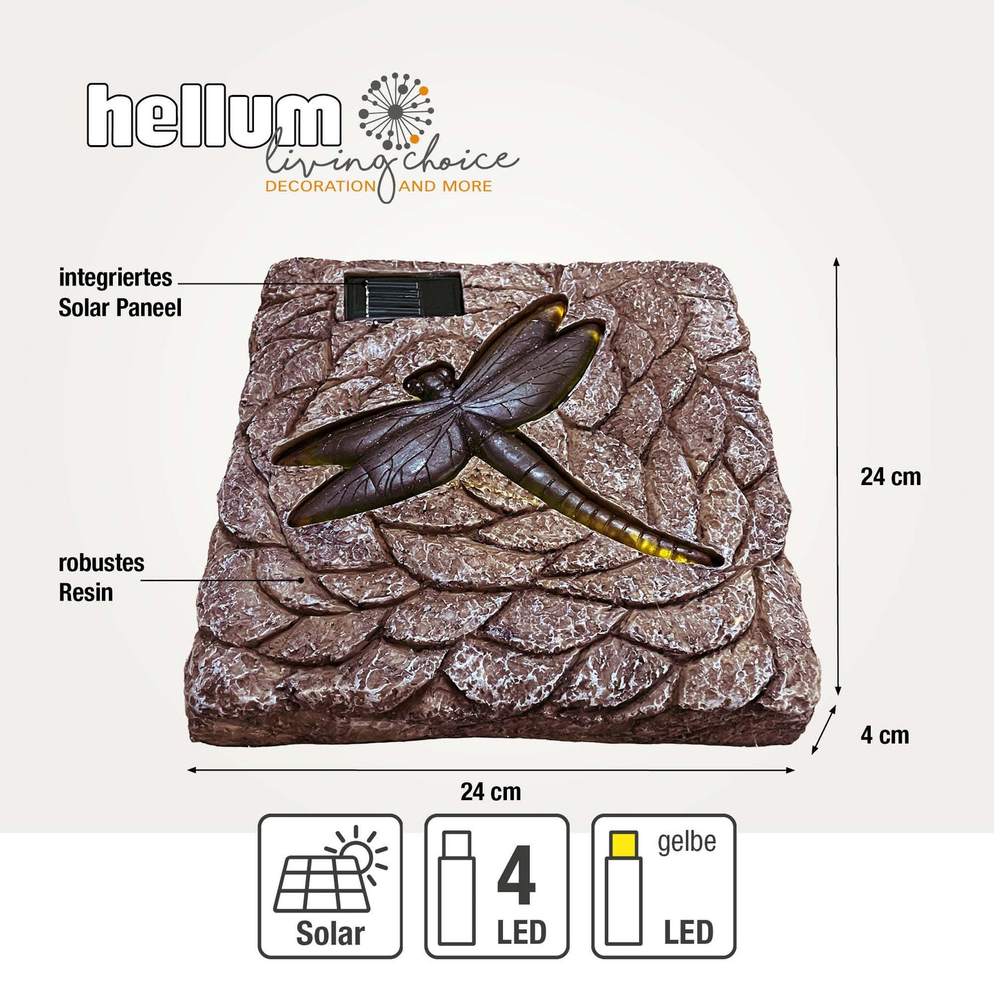 Hellum LED Solarleuchte für außen, Libelle im Stein, 4 gelbe LED, 24 x 24 cm, Solar Stein mit Resin Libelle, solarbetriebene Dekoration für draußen, LED Gartenbeleuchtung 153002