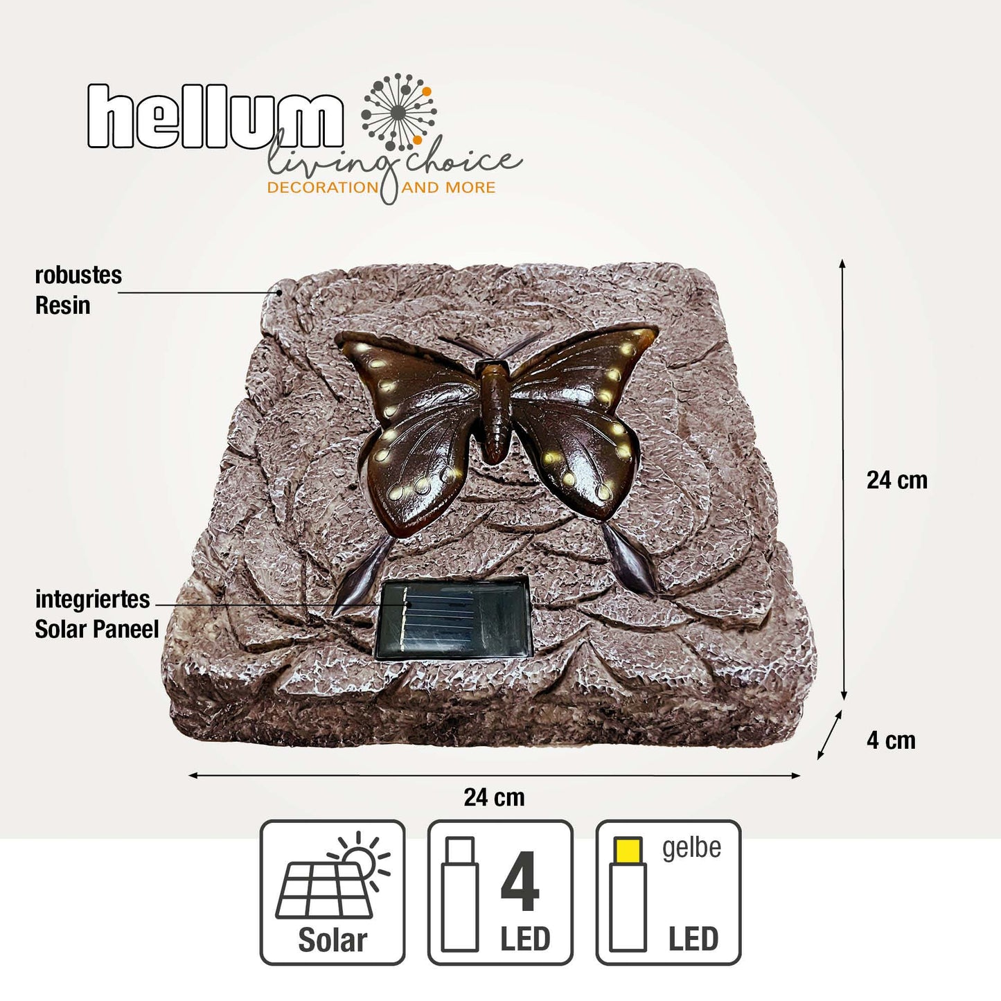 Solar LED Stein mit Schmetterling für außen mit 4 gelben LED, 24 x 24 cm, Gartendeko outdoor, Gartenleuchte 153019