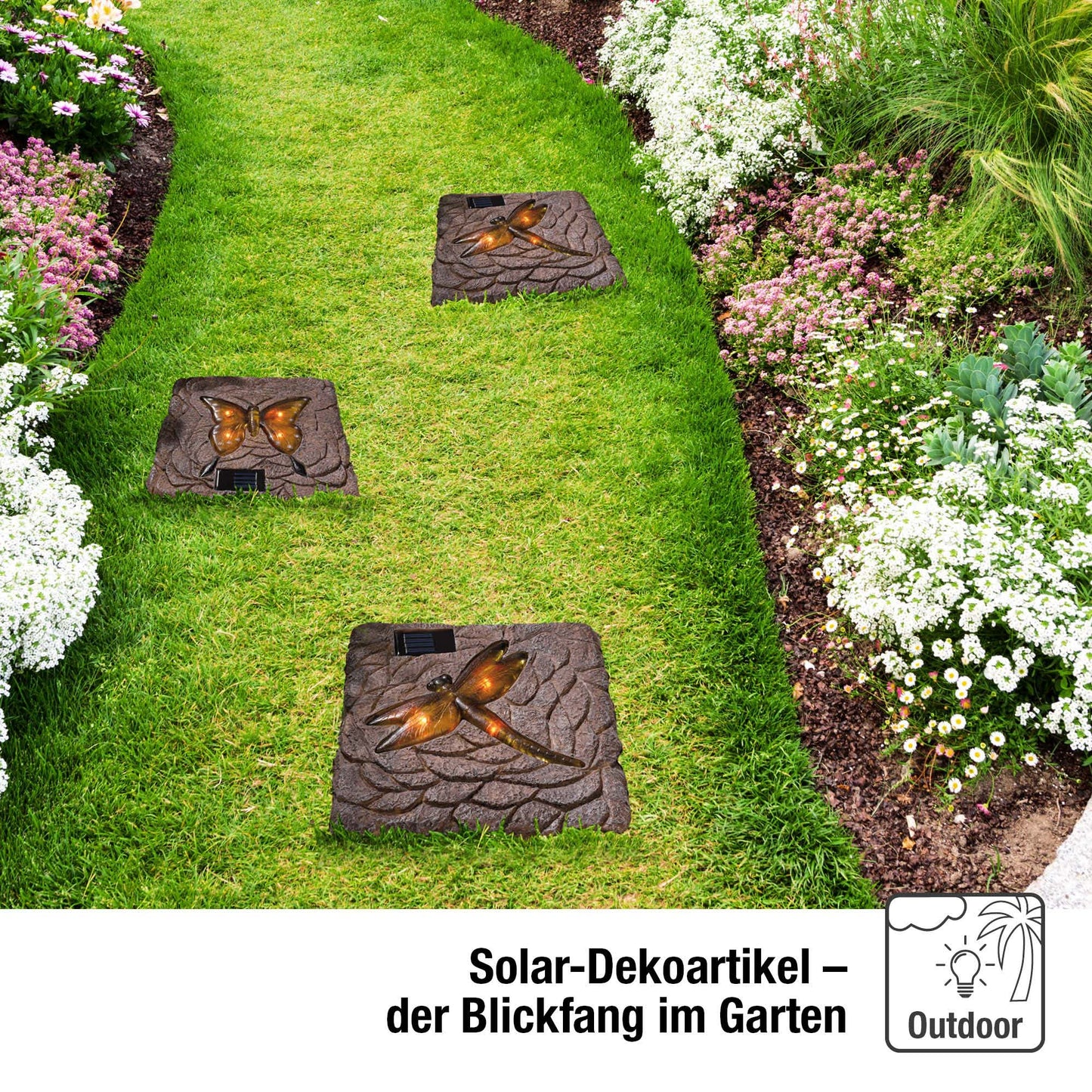 Solar LED Stein mit Schmetterling für außen mit 4 gelben LED, 24 x 24 cm, Gartendeko outdoor, Gartenleuchte 153019