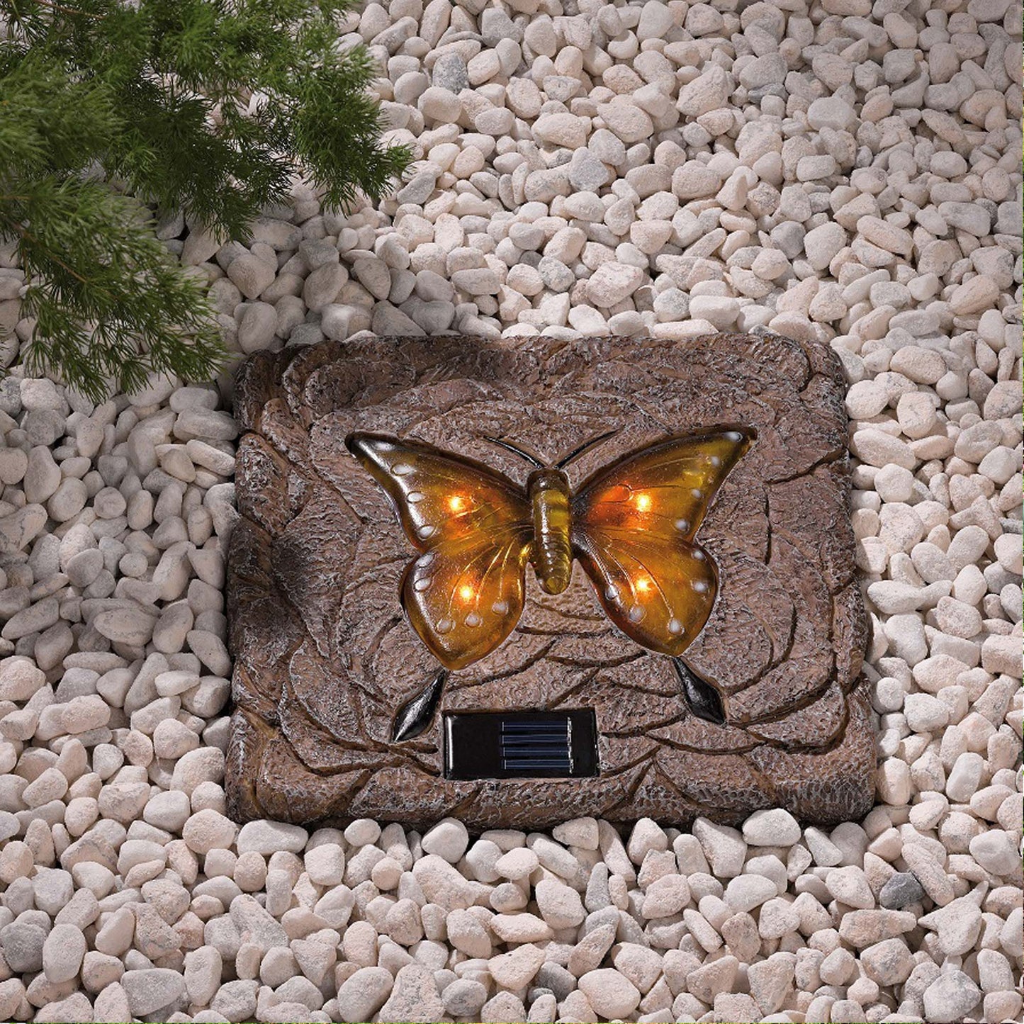 Solar LED Stein mit Schmetterling für außen mit 4 gelben LED, 24 x 24 cm, Gartendeko outdoor, Gartenleuchte 153019