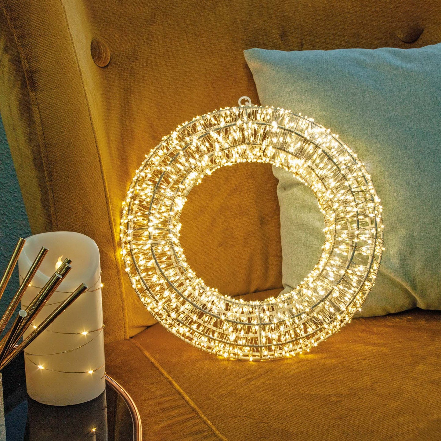 LED-Kranz mit Tauperlen, 1440L, φ30cm, warm-weiß, silber Kabel, Außen-Trafo 153095