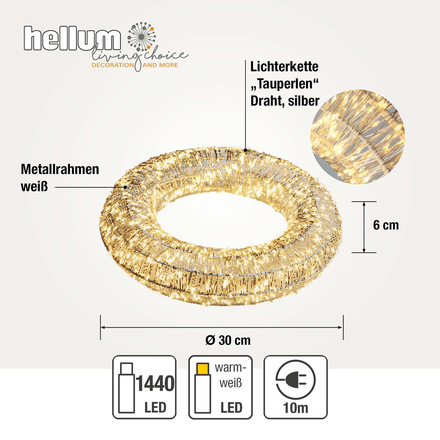 LED-Kranz mit Tauperlen, 1440L, φ30cm, warm-weiß, silber Kabel, Außen-Trafo 153095
