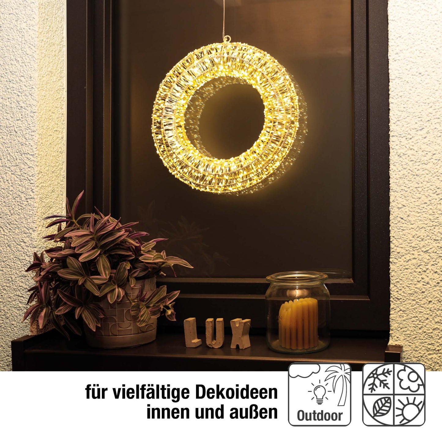 LED-Kranz mit Tauperlen, 1440L, φ30cm, warm-weiß, silber Kabel, Außen-Trafo 153095