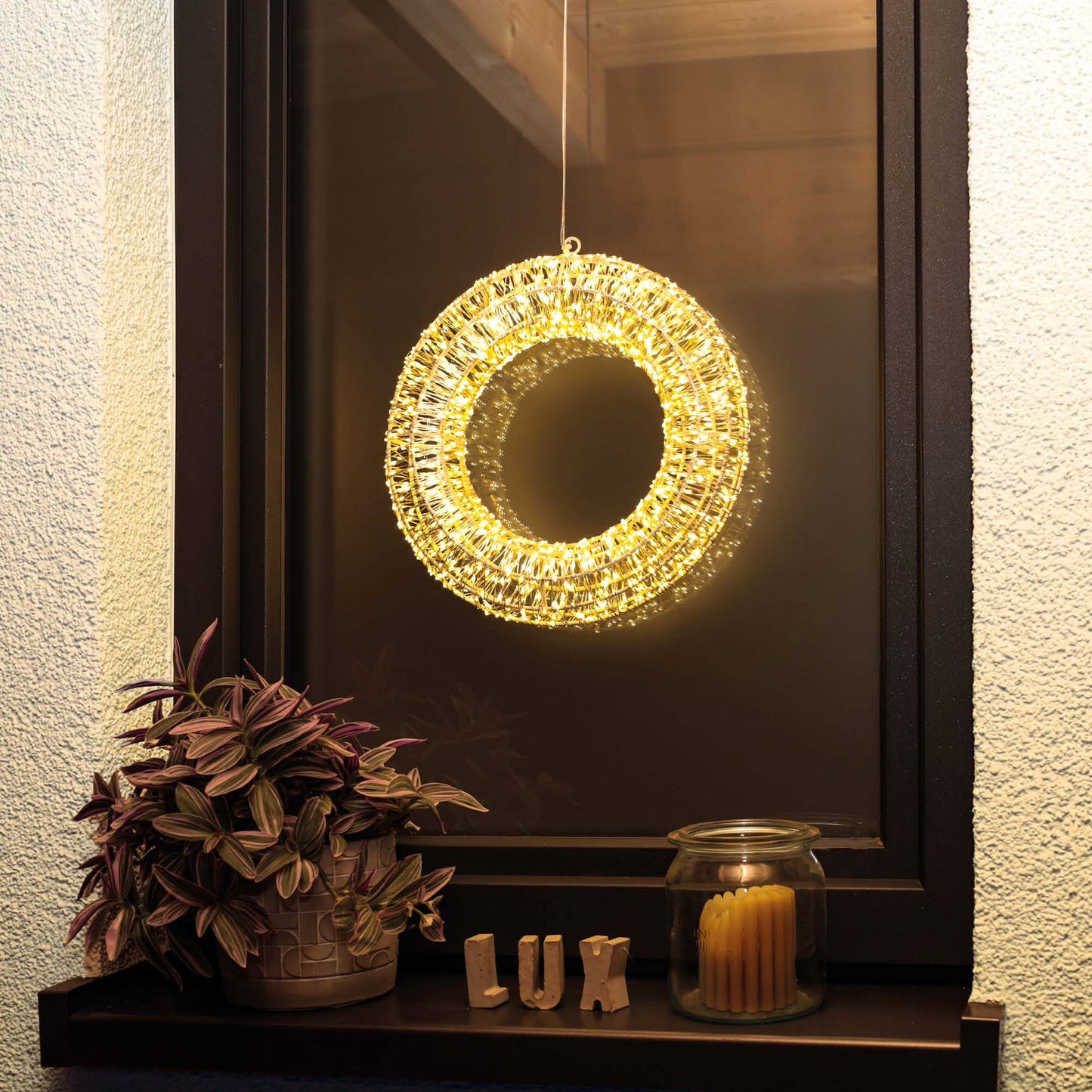 LED-Kranz mit Tauperlen, 1440L, φ30cm, warm-weiß, silber Kabel, Außen-Trafo 153095