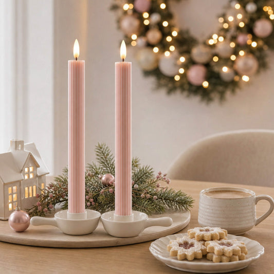 LED Stabkerzen Echtwachs 2er Set rosa, 2 LED warmweiß, ⌀ 2,2 cm x 24,5 cm, Fernbedienung mit Timer, batteriebetrieben