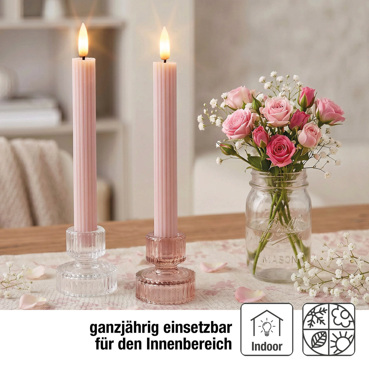 LED Stabkerzen Echtwachs 2er Set rosa, 2 LED warmweiß, Ø 2,2 cm x 24,5 cm, Fernbedienung mit Timer, batteriebetrieben