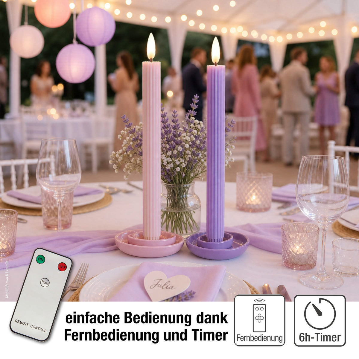 LED Stabkerzen Echtwachs 2er Set rosa, 2 LED warmweiß, Ø 2,2 cm x 24,5 cm, Fernbedienung mit Timer, batteriebetrieben