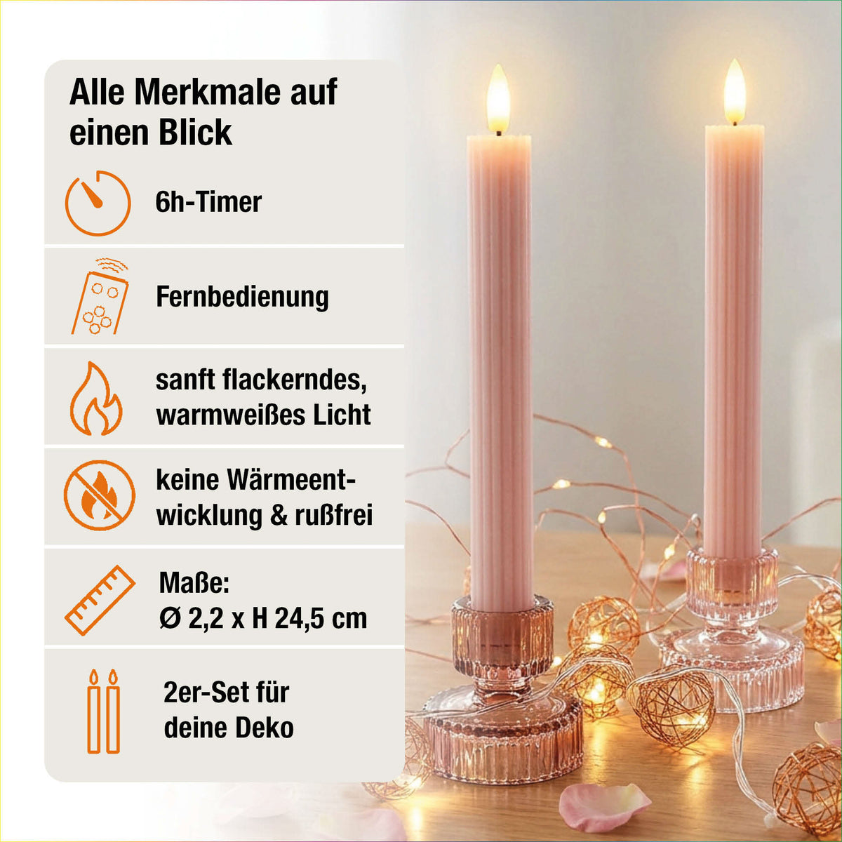 LED Stabkerzen Echtwachs 2er Set rosa, 2 LED warmweiß, Ø 2,2 cm x 24,5 cm, Fernbedienung mit Timer, batteriebetrieben