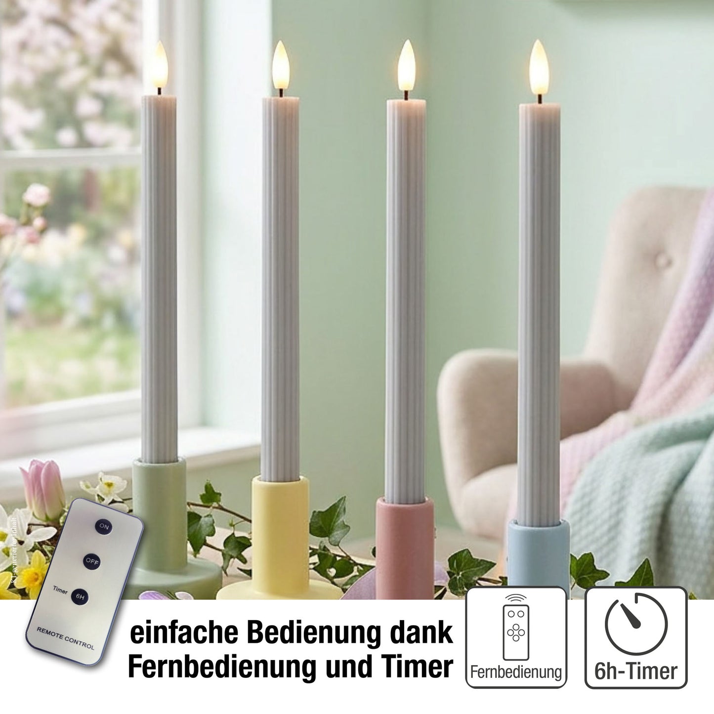 LED Stabkerzen grau 4 Stück aus Echtwachs, mit Timer und Fernbedienung, batteriebetrieben 153248