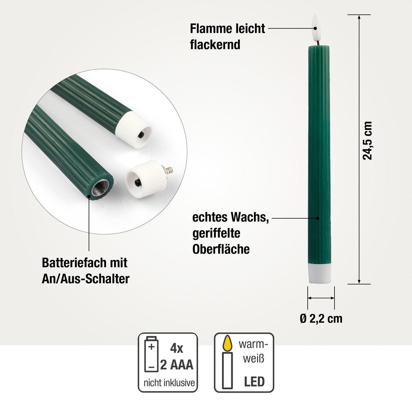 LED Stabkerzen dunkelgrün 4 Stück aus Echtwachs, mit Timer und Fernbedienung, batteriebetrieben 153255