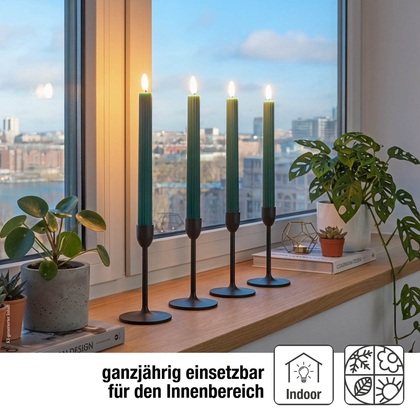 LED Stabkerzen dunkelgrün 4 Stück aus Echtwachs, mit Timer und Fernbedienung, batteriebetrieben 153255