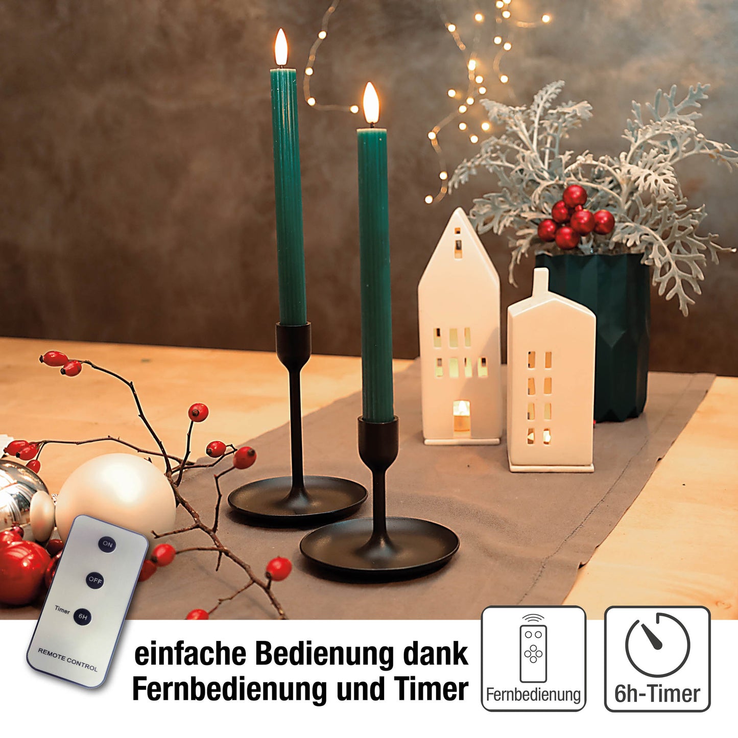 LED Stabkerzen dunkelgrün 4 Stück aus Echtwachs, mit Timer und Fernbedienung, batteriebetrieben 153255
