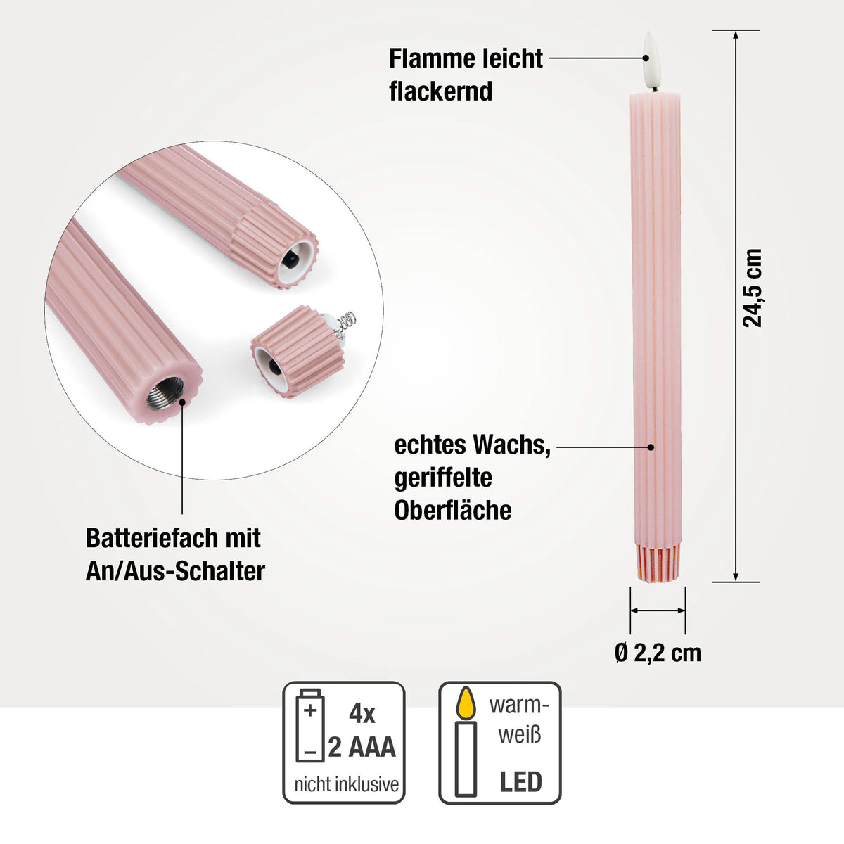 LED Stabkerzen Echtwachs 4er Set rosa, 4 LED warmweiß, Ø 2,2 cm x 24,5 cm, Fernbedienung mit Timer, batteriebetrieben